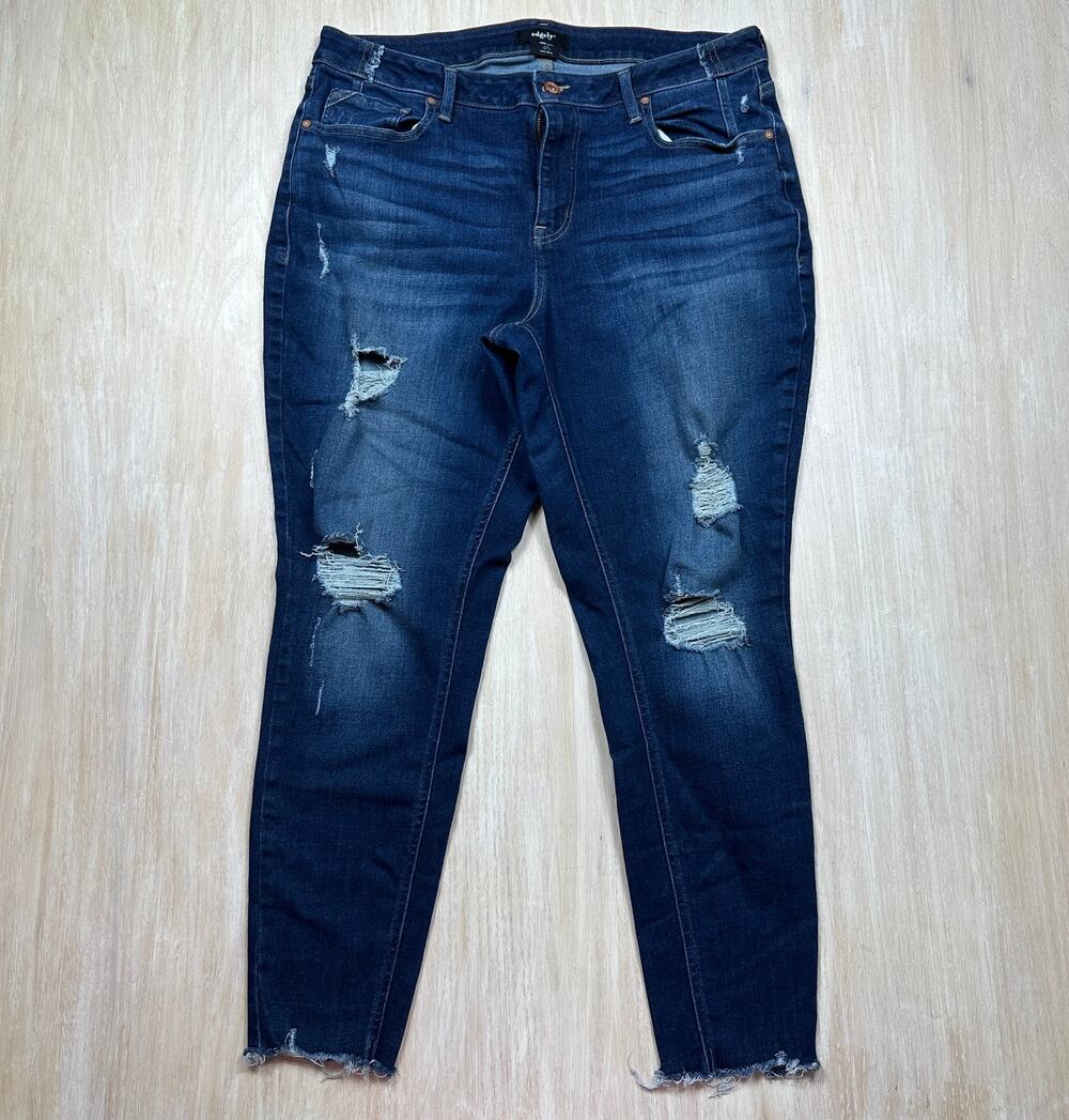 Edgely Curvy High Rise Super Skinny Distressed Raw Hem Dark Wash Jeans 18W